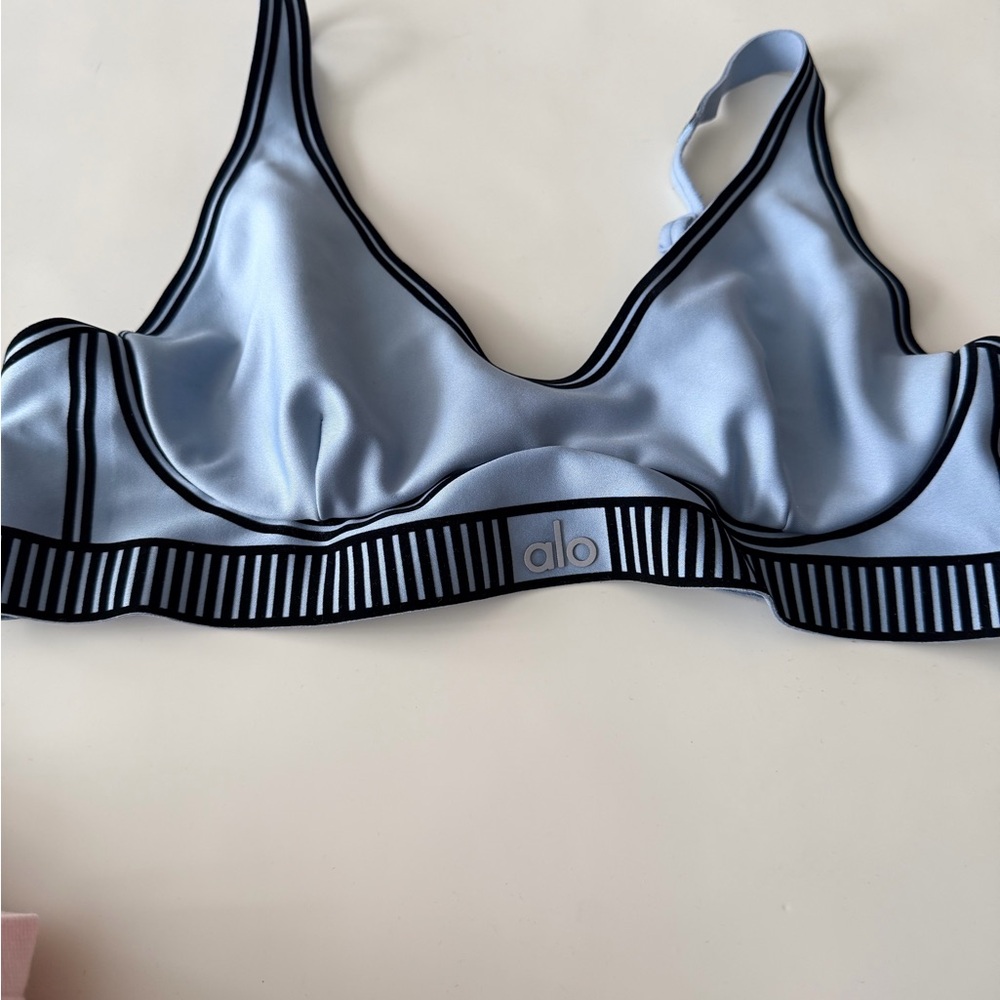ALO Yoga Women's Sky Blue Bralette with Black Trim